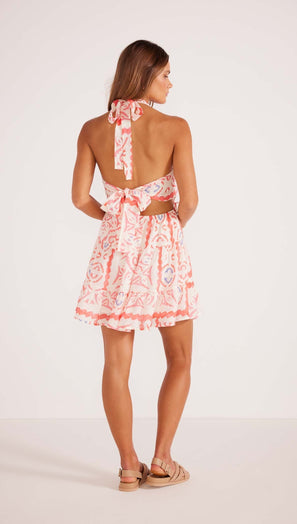 Lolani Halter Tie Mini Dress - Tile Print