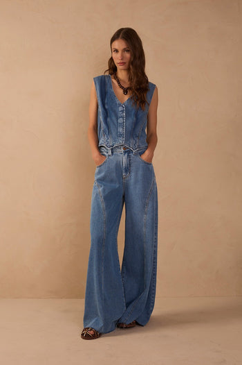 Pockets Belt Loops Flared Pants - Denim