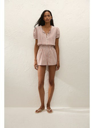 Emilie Playsuit - Paloma Check Cinnamon White