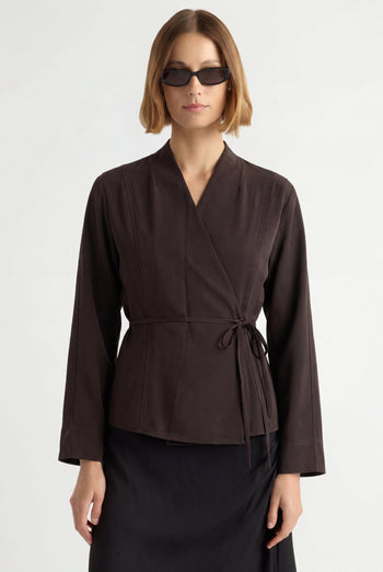 Maye Sculpted Satin Tie-Wrap Blouse - Brown