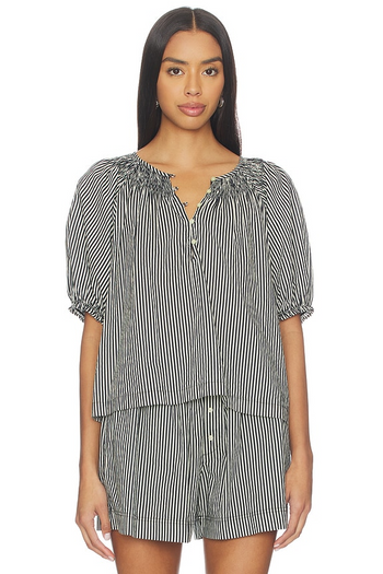 Smocked Sleep Top - Black/Cream Crew Stripe